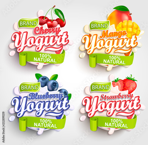 Mango, cherry, strawberry and blueberry Yogurt label with splash, Fresh and Natural,for your brand,logo and template,label,emblem for groceries, stores and packaging, advertising.Vector illustration.