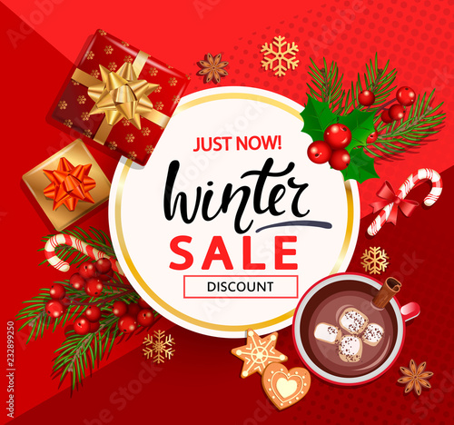 Christmas and New Year winter sale card for holidays. Discount template on red background with traditional christmas elements-gift box with gold bow,candy,branch,cocoa,marshmallow.Vector illustration.