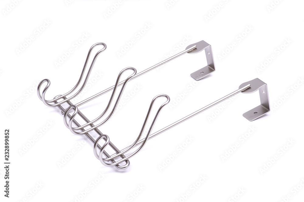 Fototapeta premium Satin nickel finish over door three hook rack isolated on white background