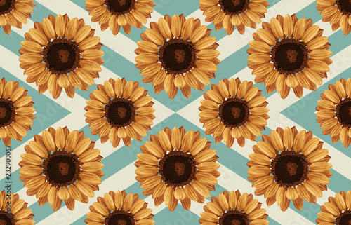 Printable seamless vintage autumn repeat pattern background with sunflowers. Botanical wallpaper, raster illustration in super High resolution.