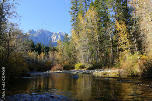 river in the forest in autumn with mountain in the background
