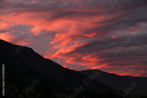 dark orange sunset in the mountains