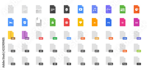 50 Document formats vector illustration icon set. Included the icons as file, types, kind of files and more.