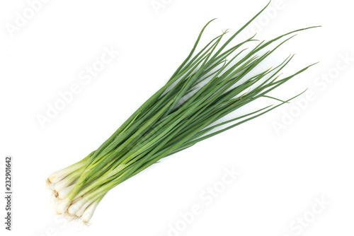 Green onion or garlic chives, chinese chive isolated on white background.Fresh healthy organic green vegetable