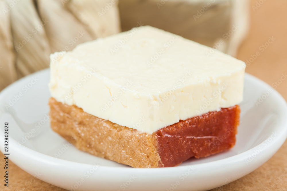 Traditional Colombian sweet from the Velez town in Santander called Bocadillo served with white cheese Traditional Colombian sweet from the Velez town in Santander called Bocadillo served with white cheese