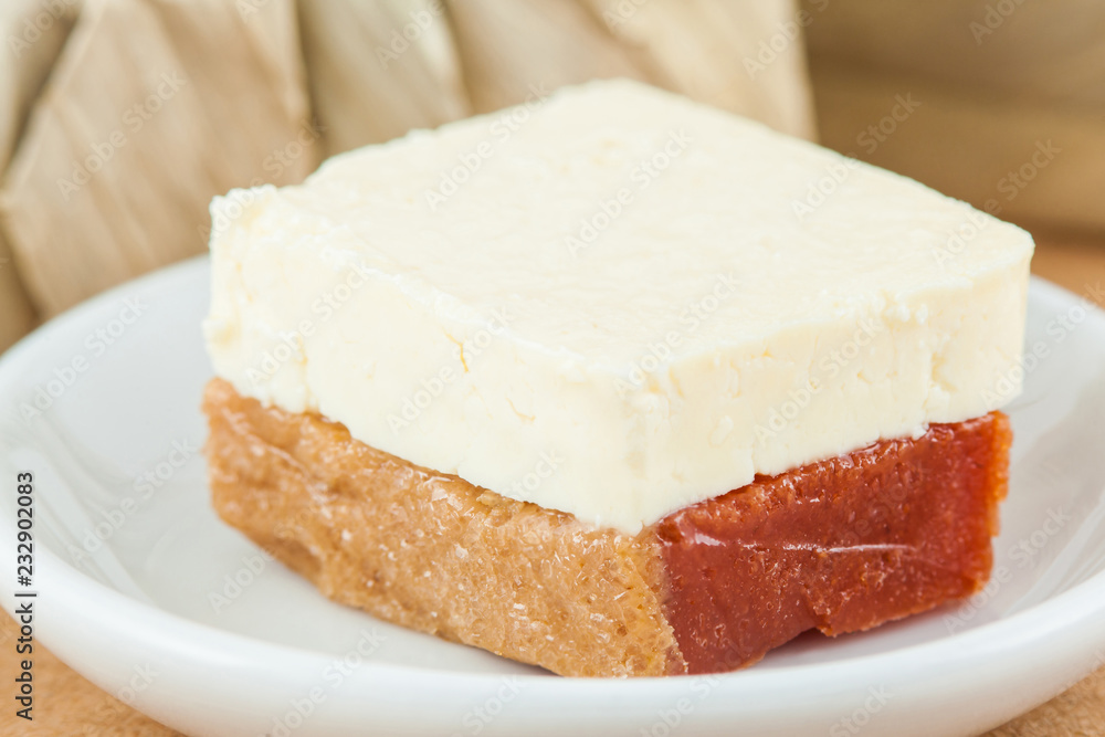 Traditional Colombian sweet from the Velez town in Santander called Bocadillo served with white cheese Traditional Colombian sweet from the Velez town in Santander called Bocadillo served with white cheese