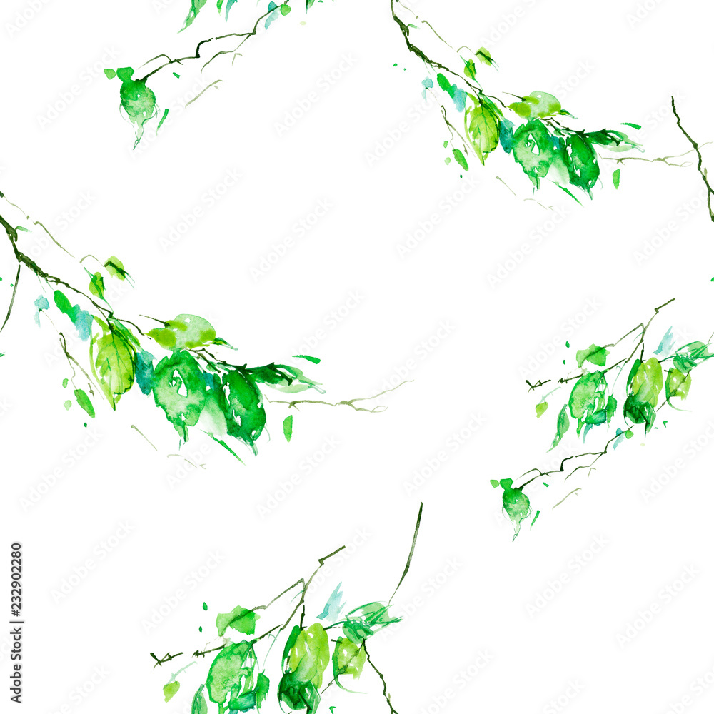 Watercolor background with a pattern of green leaves, abstract, decorative branches of birch, linden, aspen. Watercolor drawing, a branch of a birch, an apple-tree, a cherry, a poplar with leaves. Watercolor background with a pattern of green leaves, abstract, decorative branches of birch, linden, aspen. Watercolor drawing, a branch of a birch, an apple-tree, a cherry, a poplar with leaves.
