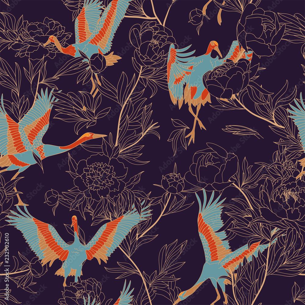 Seamless pattern with Japanese white cranes and peony