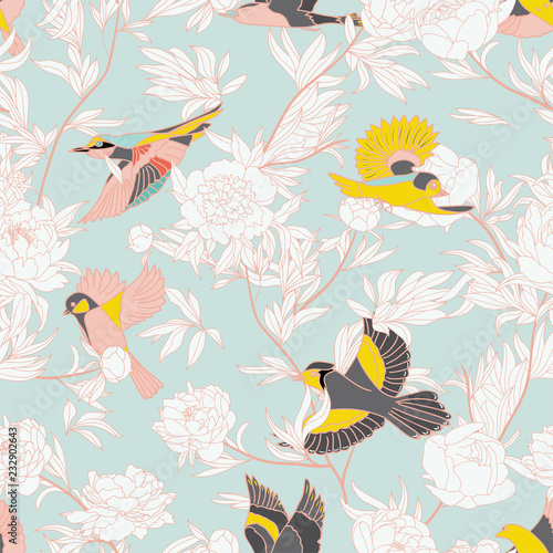 Seamless pattern with birds and peony