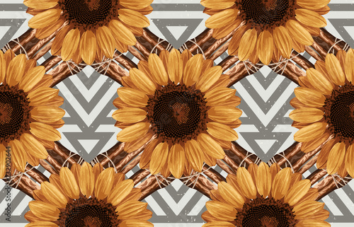 Printable seamless vintage autumn repeat pattern background with sunflowers. Botanical wallpaper, raster illustration in super High resolution.