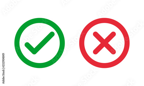 green check and red cross symbols, round thin line vector signs