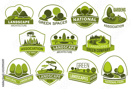 Landscape, park and garden design vector icons