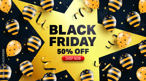 Black Friday Sale Promotion Poster or banner with balloons  concept.Special offer 50% off sale in black and golden color style.Promotion and shopping template for Black Friday