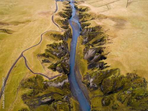Aerial view of river in green landscape, Iceland