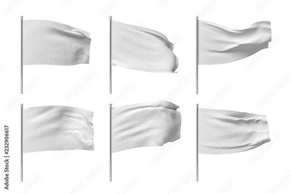3d rendering of six white flags hanging on posts and wavering on a white background. - obrazy, fototapety, plakaty 