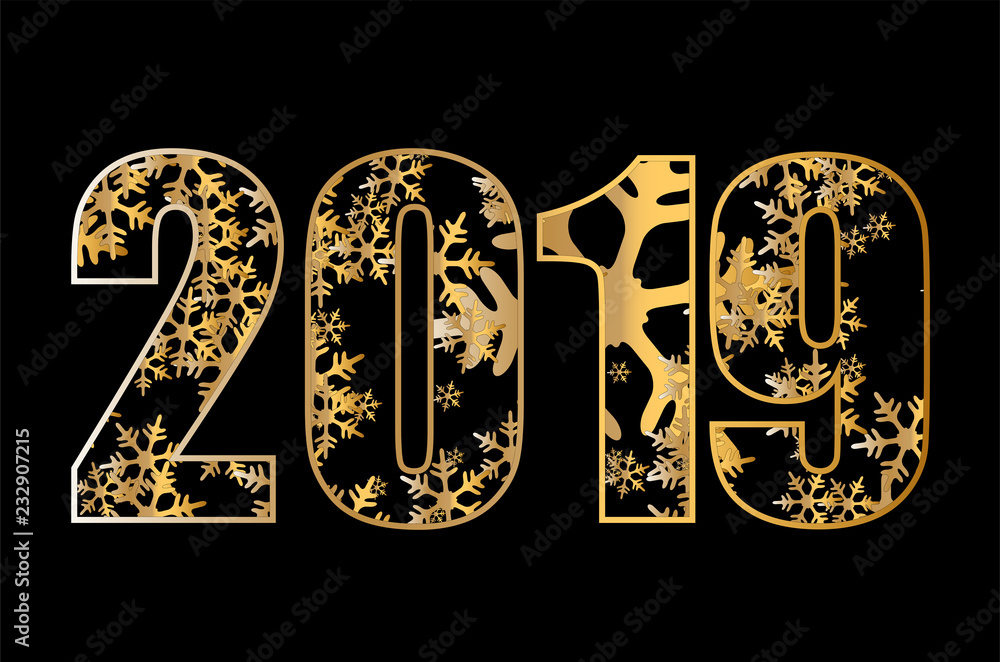 2019 golden New Year sign with golden glitter and golden snowflakes. Vector New Year illustration. 2019 golden New Year sign with golden glitter and golden snowflakes. Vector New Year illustration.