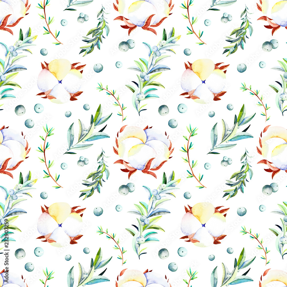 Watercolor winter seamless pattern. Handpainted  watercolor christmas pattern with winter branches, berries, cotton. Perfect for you postcard design, wallpaper, happy new year print etc.