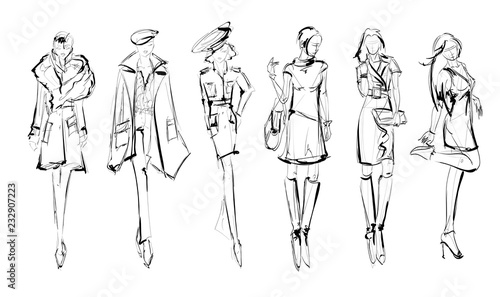 Sketch. Fashion Girls on a white background. Vector illustration