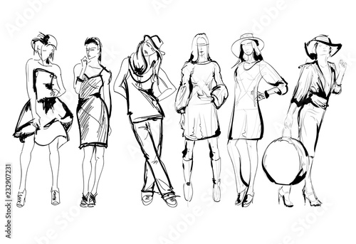 Sketch. Fashion Girls on a white background. Vector illustration