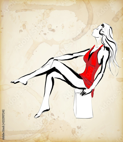 Fashion girl Sketch. Stylish fashion model. Pretty young girl.