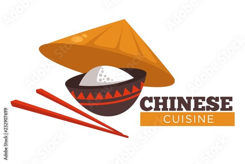 Chinese cuisine rice and chopsticks  with traditional hat