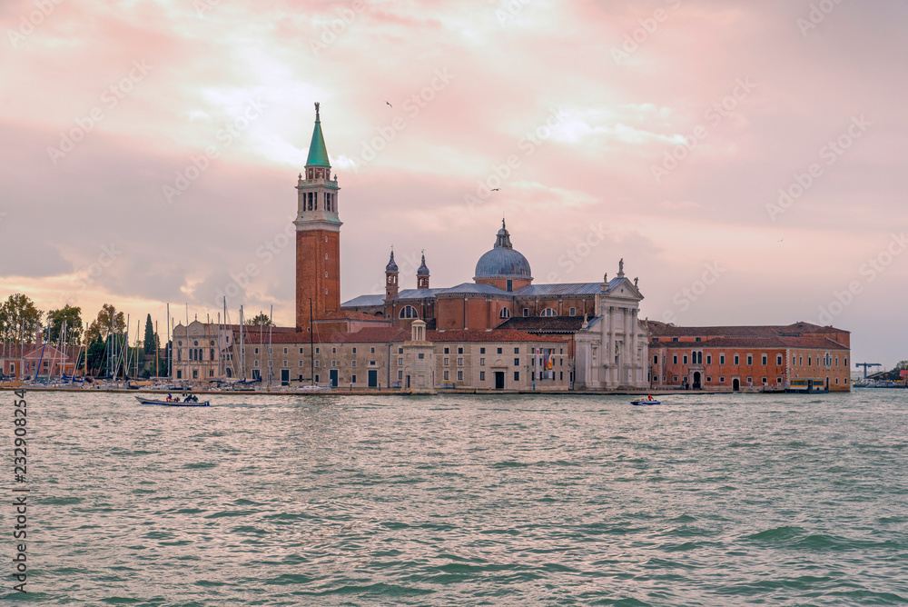 VENICE, ITALY- OCTOBER 30, 2018: Church of San Giorgio Maggiore. Set on an island, an art-filled, bright white church by Palladio giving Venice views from its tower.