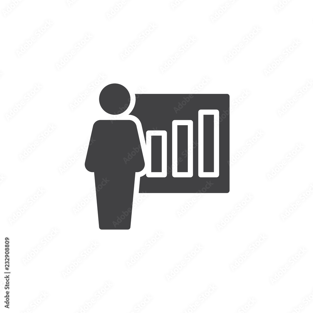 Man and graph vector icon. filled flat sign for mobile concept and web design. Business presentation simple solid icon. Symbol, logo illustration. Pixel perfect vector graphics Man and graph vector icon. filled flat sign for mobile concept and web design. Business presentation simple solid icon. Symbol, logo illustration. Pixel perfect vector graphics
