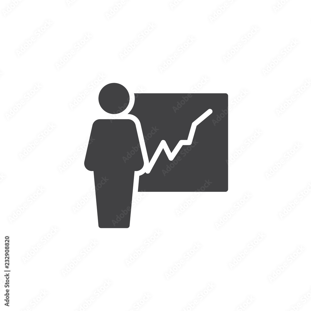 Business presentation vector icon. filled flat sign for mobile concept and web design. Man and graph simple solid icon. Symbol, logo illustration. Pixel perfect vector graphics Business presentation vector icon. filled flat sign for mobile concept and web design. Man and graph simple solid icon. Symbol, logo illustration. Pixel perfect vector graphics