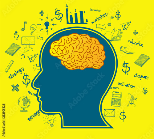 human brain icon silhouette head with multiple infographic Luminou sparking idea in business. creativity. on background yellow vector. open mind. cartoon vector illustration