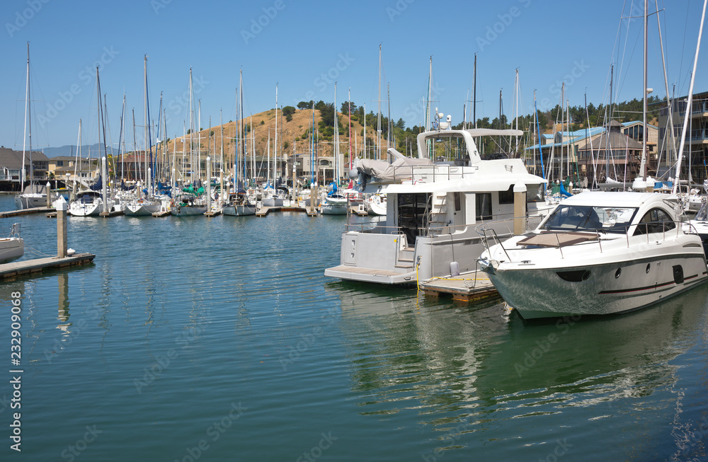 Sailboats and yaghts in a California marina.