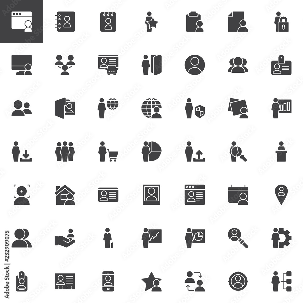 User vector icons set, modern solid symbol collection, filled style pictogram pack. Signs, logo illustration. Set includes icons as  Browser, Agenda, favorite, logout, security, download statistics