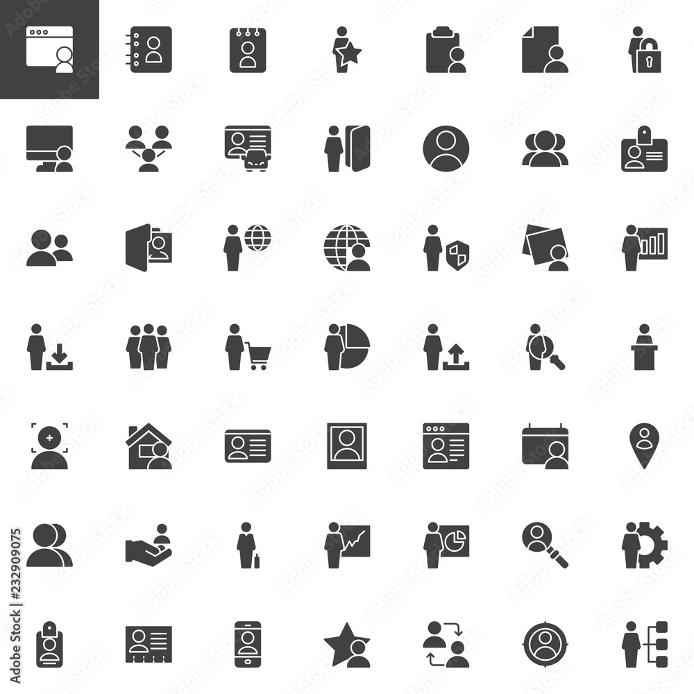 User vector icons set, modern solid symbol collection, filled style pictogram pack. Signs, logo illustration. Set includes icons as Browser, Agenda, favorite, logout, security, download statistics User vector icons set, modern solid symbol collection, filled style pictogram pack. Signs, logo illustration. Set includes icons as Browser, Agenda, favorite, logout, security, download statistics