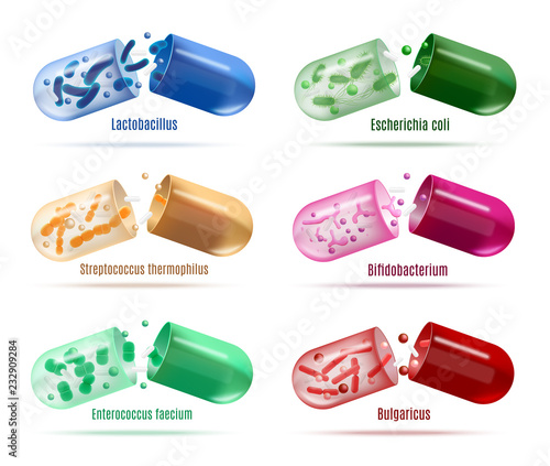 Medicines with Probiotics Bacteria Vector Set photo