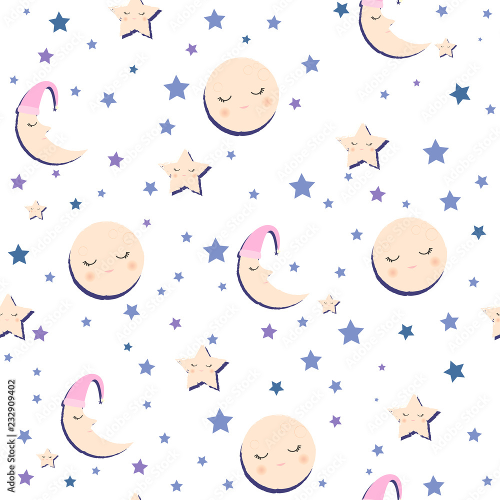 Cute seamless pattern night sky, stars and moon. Pajama party