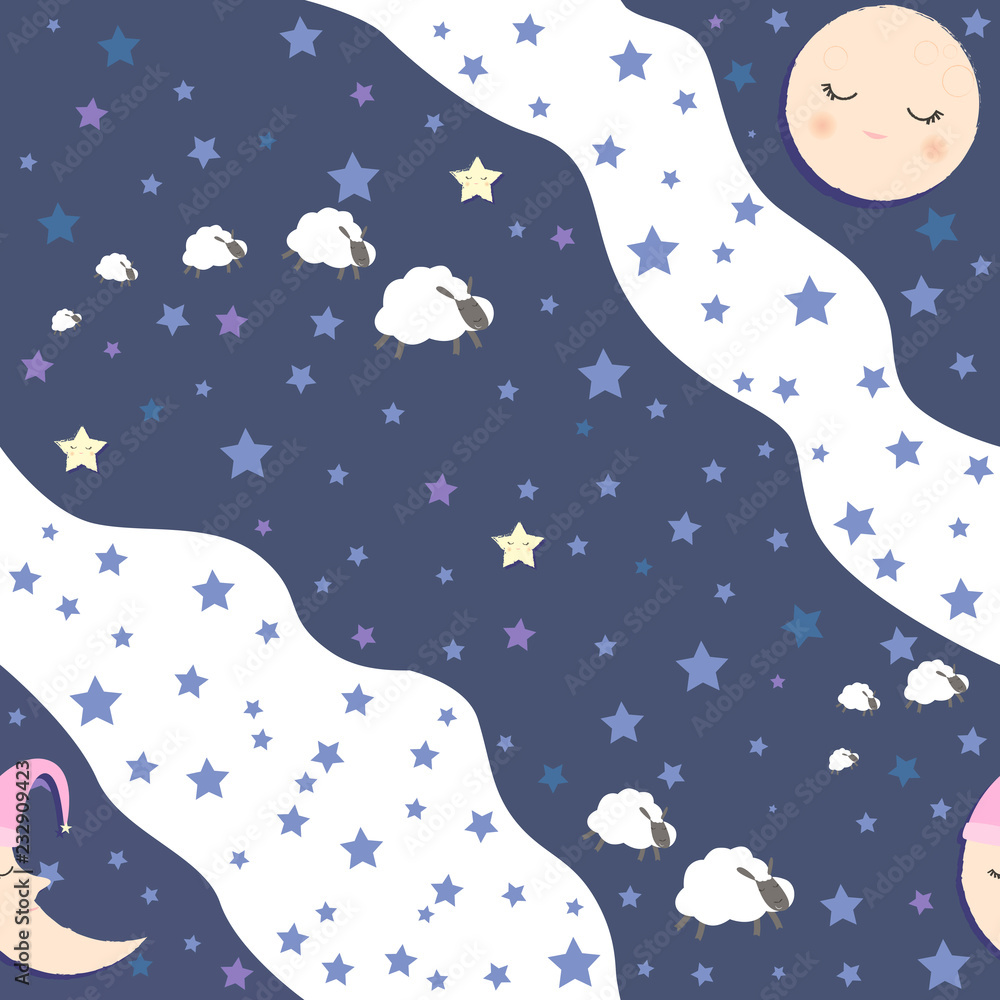 Cute seamless pattern night sky, stars, lambs and moon. Pajama party background. Editable vector illustration Cute seamless pattern night sky, stars, lambs and moon. Pajama party background. Editable vector illustration
