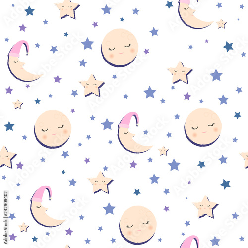 Cute seamless pattern night sky, stars and moon. Pajama party background. Editable vector illustration