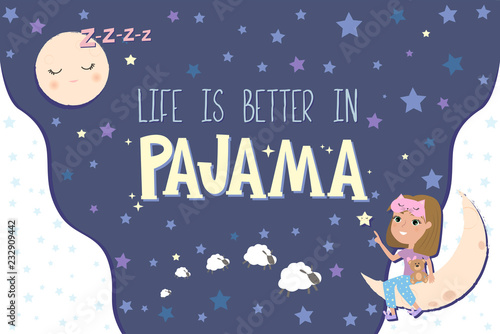 Pajama party poster with fun girls and. Invitation for slumber party. Editable vector illustration