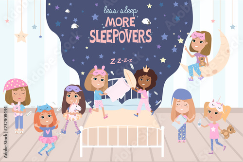 Pajama party poster with fun girls and. Invitation for slumber party. Editable vector illustration