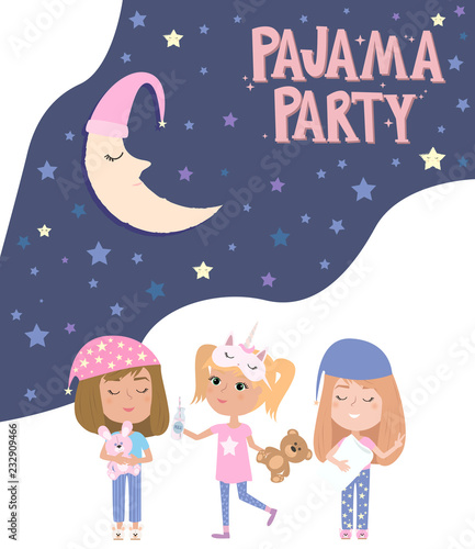 Pajama party poster with fun girls and. Invitation for slumber party. Editable vector illustration