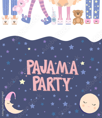 Pajama party poster with fun girls and. Invitation for slumber party. Editable vector illustration