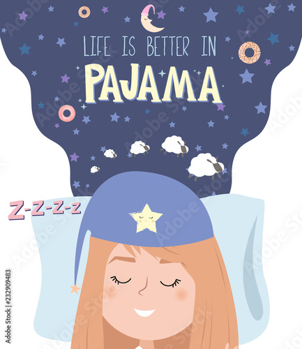 Pajama party poster with fun girls and. Invitation for slumber party. Editable vector illustration