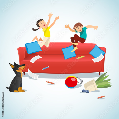 Kids jumping on the couch playing with a ball