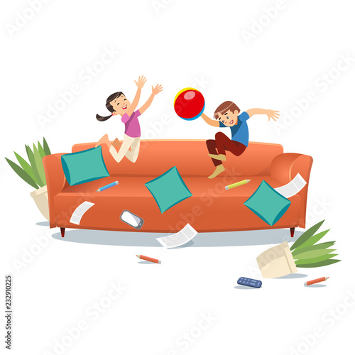 Kids jumping on the couch playing with a ball