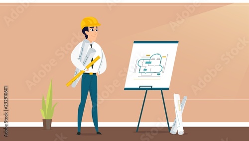 Male architect examining room design plan