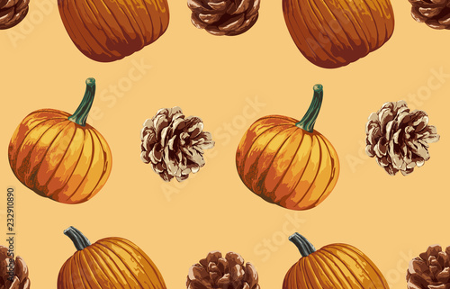 Printable seamless vintage autumn repeat pattern background with pine cones and pumpkins. Botanical wallpaper, raster illustration in super High resolution.