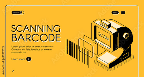 Barcode scanning equipment store web banner or site isometric vector with desktop barcode reader, stationary laser scanner, line art illustration. Business solutions for trade and inventory management