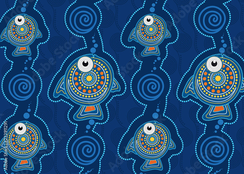 Dot art landscape vector background with fish.