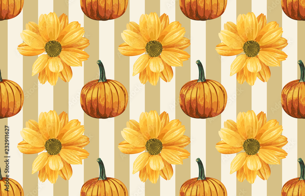 Fototapeta premium Printable seamless vintage repeat pattern background with yellow chrysanthemum flowers and pumpkins. Botanical wallpaper, raster illustration in super High resolution.