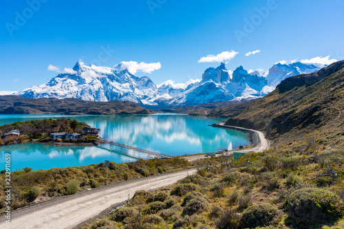 Mountains and lake in Torres del Paine National Park in Chile