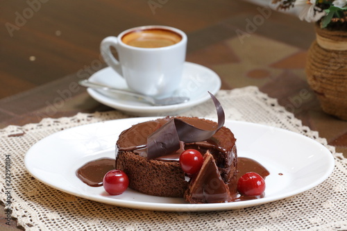 chocolate cherry cake with coffee